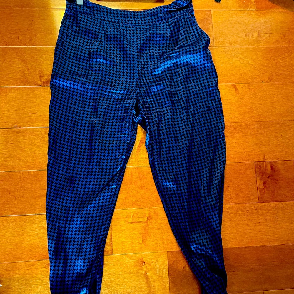 Silken black and blue joggers, size 6
